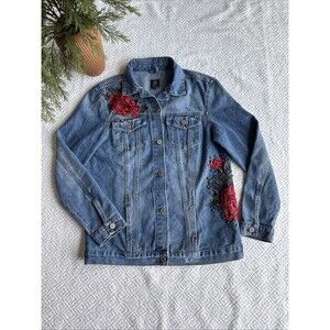 Boom Boom Jeans Denim Jacket Womens Sz M Floral Distressed Button Up